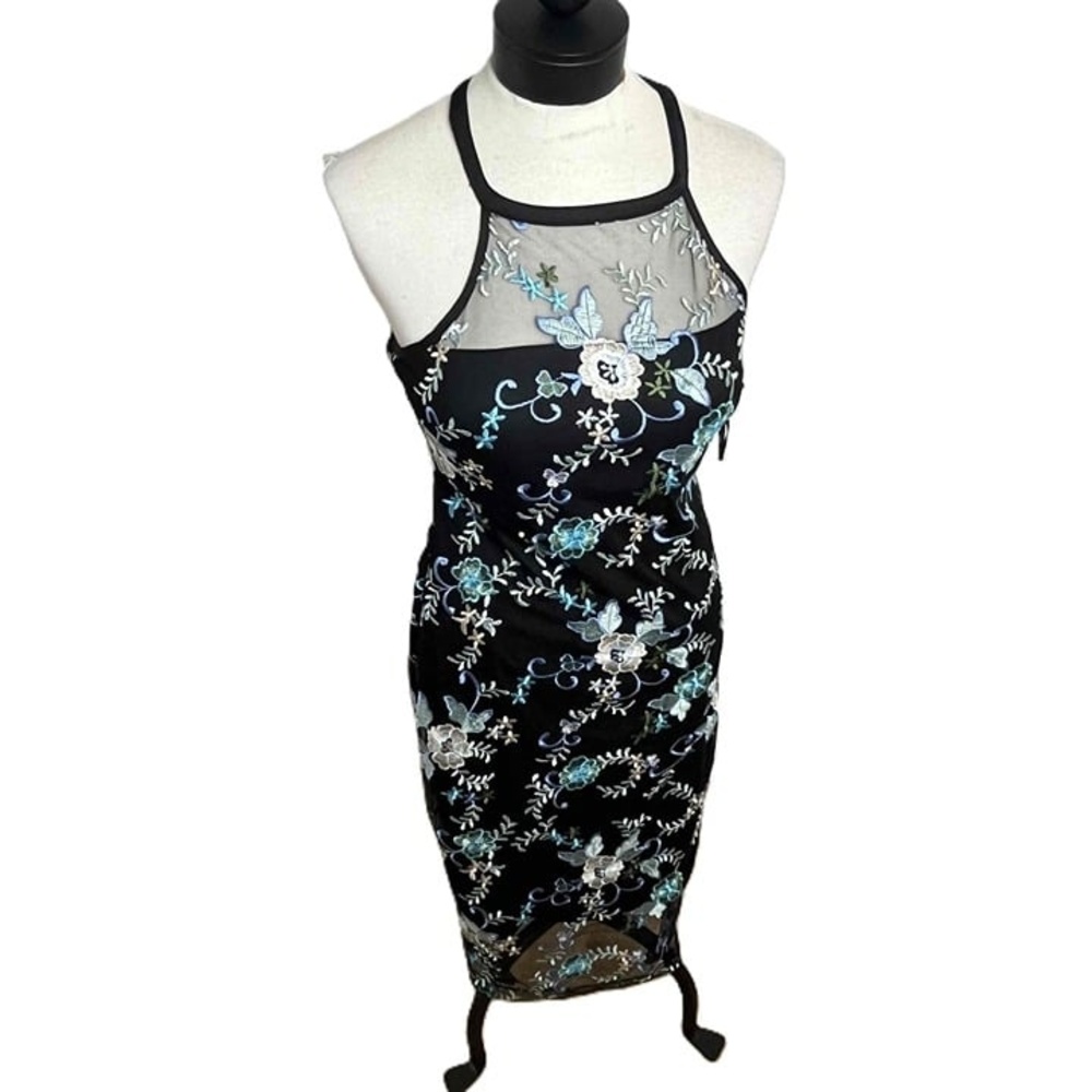 GUESS Black Floral Embroidery Sheer Neckline Sleeveless GDNL32Q Dress Size 8